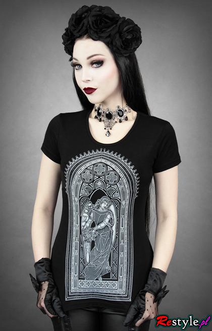 Czarna koszulka WITRAŻ z aniołem gotycka, krótki rękaw