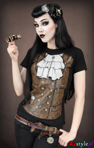 Czarny t-shirt Garnitur Wiktoriańska kamizelka z żabotem steampunk