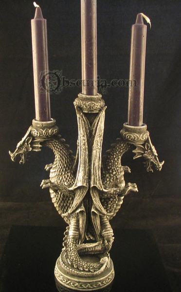 Double Dragon Pewter Triple Candle Holder