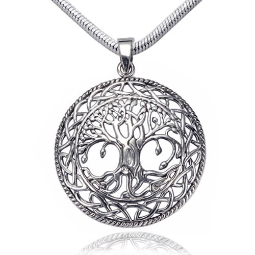 925 Sterling Silver Beautiful Detailed Tree of life Celtic Knot Pendant, Rhodium Plated Chain 18