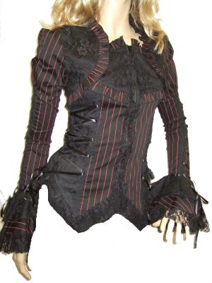 Raven - Black & Red Pinstripe Blouse w/ Lace Trim & Cuffs